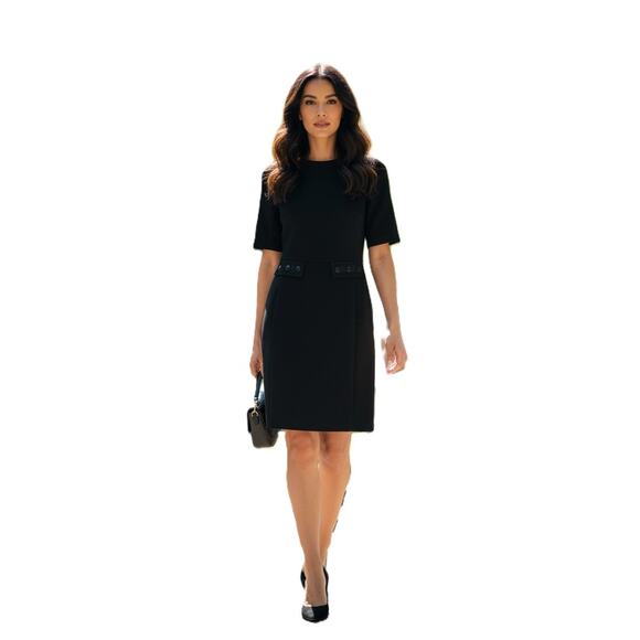 H&M Black Short Sleeve Sheath Shift Dress Button Details Work Back Zipper Size 2 - Picture 1 of 5